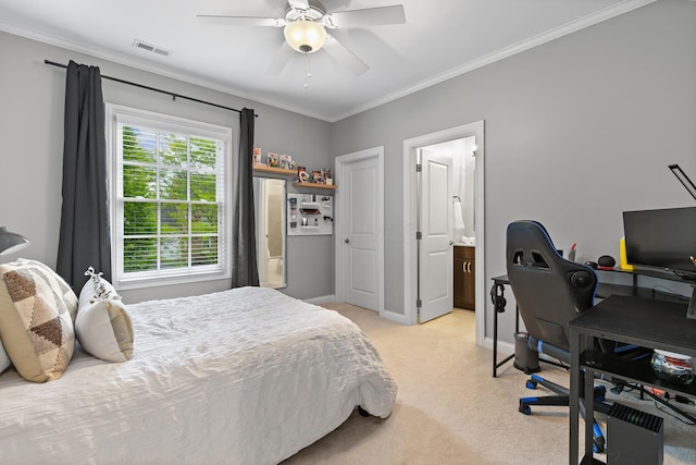 4477 Ackerly Farm Rd, New Albany, OH 43054 - bedroom with light carpet, ornamental molding, an office area, baseboards, and a ceiling fan
