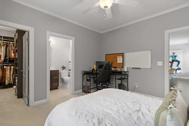 4477 Ackerly Farm Rd, New Albany, OH 43054 - bedroom featuring a spacious closet, crown molding, a closet, light carpet, and an office area