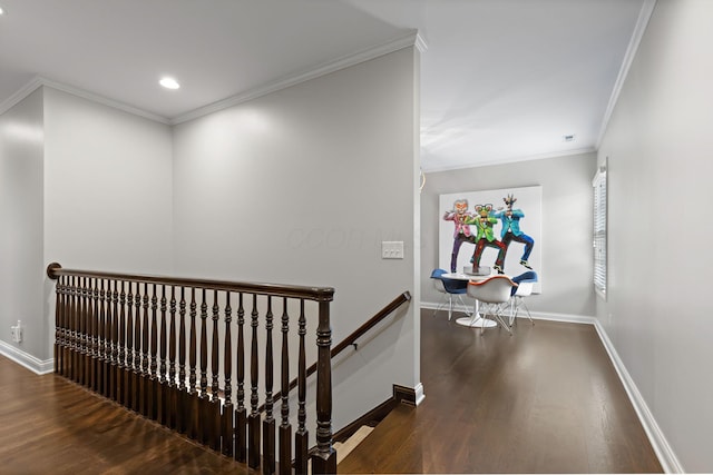 4477 Ackerly Farm Rd, New Albany, OH 43054 - hallway with wood finished floors, an upstairs landing, crown molding, baseboards, and recessed lighting