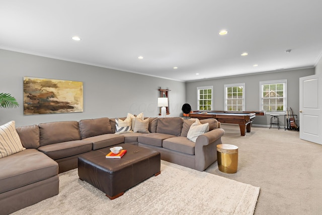 4477 Ackerly Farm Rd, New Albany, OH 43054 - living room featuring crown molding, pool table, recessed lighting, and light carpet