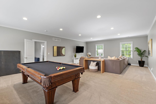 4477 Ackerly Farm Rd, New Albany, OH 43054 - game room with crown molding, recessed lighting, light carpet, billiards table, and baseboards