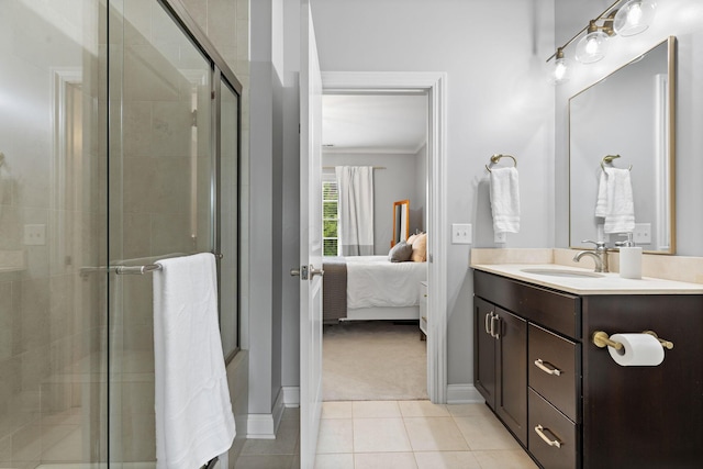 4477 Ackerly Farm Rd, New Albany, OH 43054 - ensuite bathroom with vanity, a stall shower, crown molding, baseboards, and tile patterned flooring