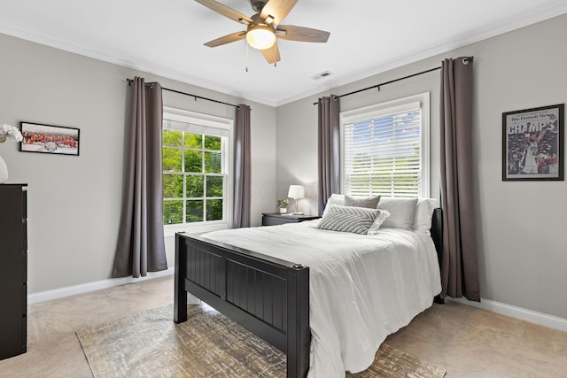 4477 Ackerly Farm Rd, New Albany, OH 43054 - bedroom featuring light colored carpet, baseboards, ornamental molding, and ceiling fan
