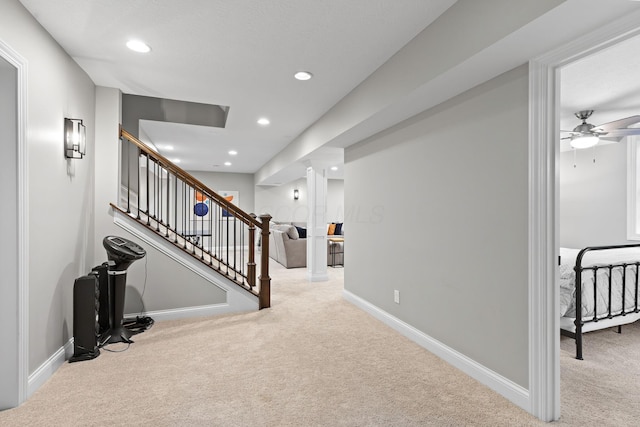 4477 Ackerly Farm Rd, New Albany, OH 43054 - stairway featuring carpet floors, recessed lighting, a ceiling fan, and baseboards
