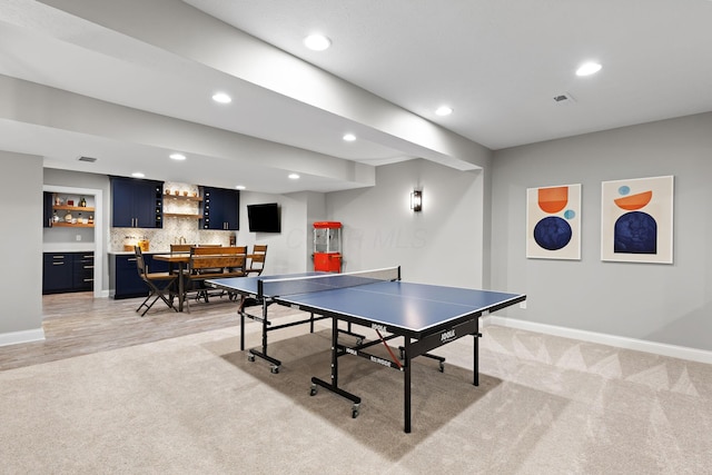 4477 Ackerly Farm Rd, New Albany, OH 43054 - playroom with bar with sink, recessed lighting, baseboards, and light colored carpet