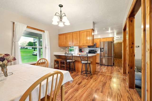 19160 Coshocton Rd, Mount Vernon, OH 43050 - dining space with light wood-style floors, a chandelier, and a textured ceiling