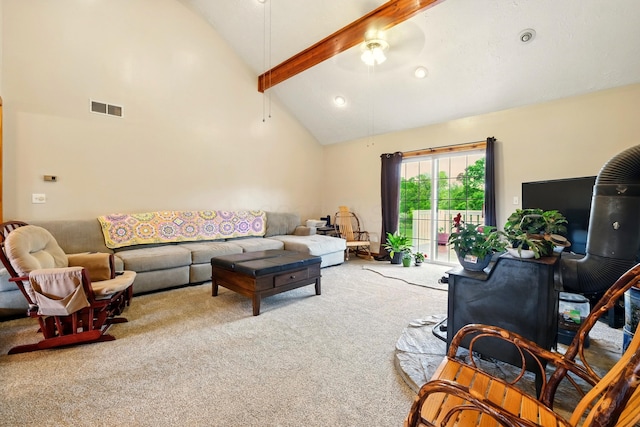 19160 Coshocton Rd, Mount Vernon, OH 43050 - carpeted living area featuring beam ceiling, a ceiling fan, high vaulted ceiling, and recessed lighting