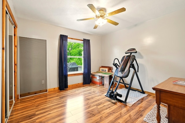 19160 Coshocton Rd, Mount Vernon, OH 43050 - workout room featuring light wood-type flooring, a ceiling fan, and baseboards