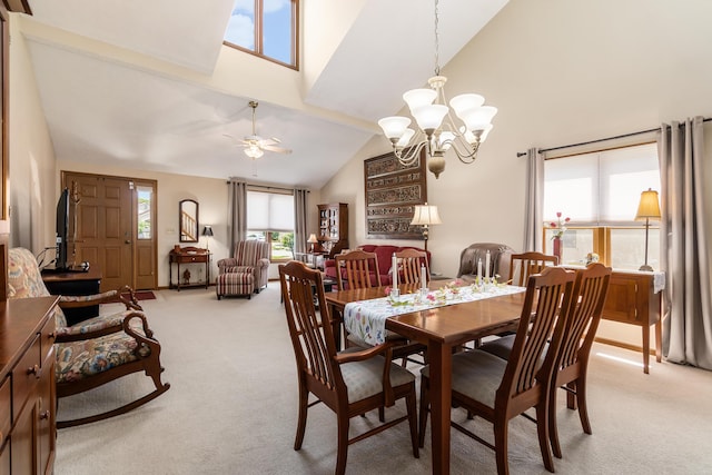 4995 Softwood Ct, Westerville, OH 43081 - dining space with light colored carpet, high vaulted ceiling, a chandelier, and a ceiling fan