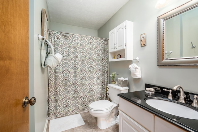 4995 Softwood Ct, Westerville, OH 43081 - bathroom featuring vanity, toilet, tile patterned flooring, a shower with shower curtain, and a textured ceiling