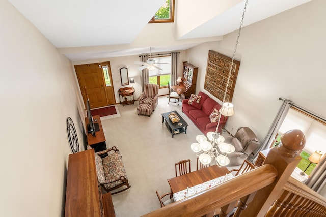 4995 Softwood Ct, Westerville, OH 43081 - living area featuring carpet flooring, ceiling fan, and high vaulted ceiling
