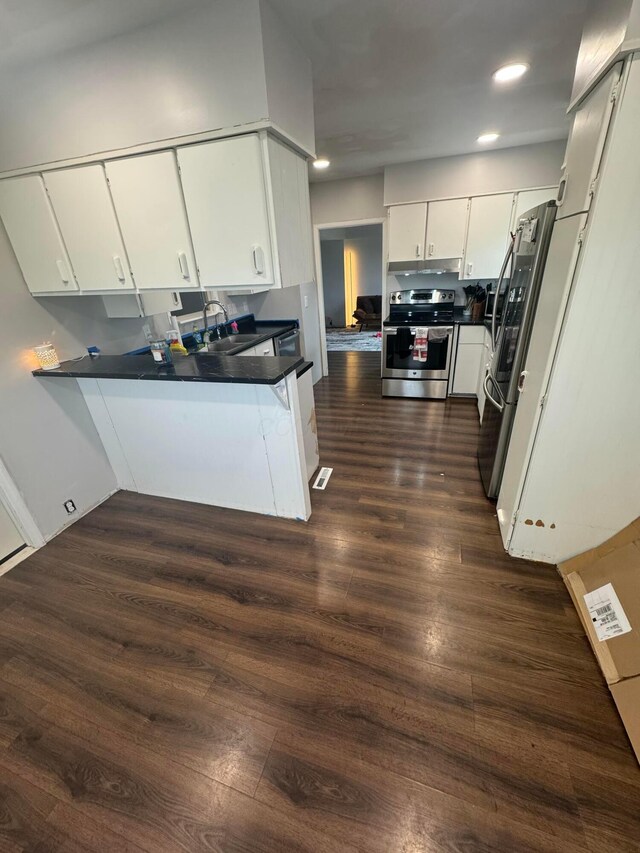 10530 N St, Utica, OH 43080 - kitchen with stainless steel appliances, a sink, dark wood-style floors, a peninsula, and white cabinets