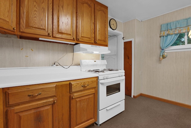 13424 Ivy Rd NE, Thornville, OH 43076 - kitchen with white range with gas stovetop, under cabinet range hood, brown cabinets, ornamental molding, and dark colored carpet