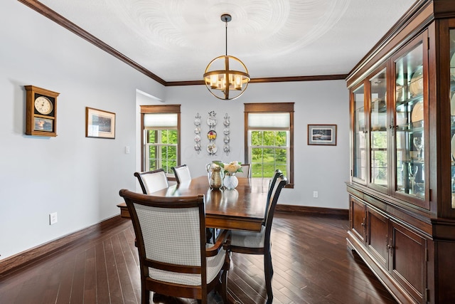 15027 King Rd, Howard, OH 43028 - dining area featuring a chandelier, dark wood-style flooring, baseboards, and crown molding
