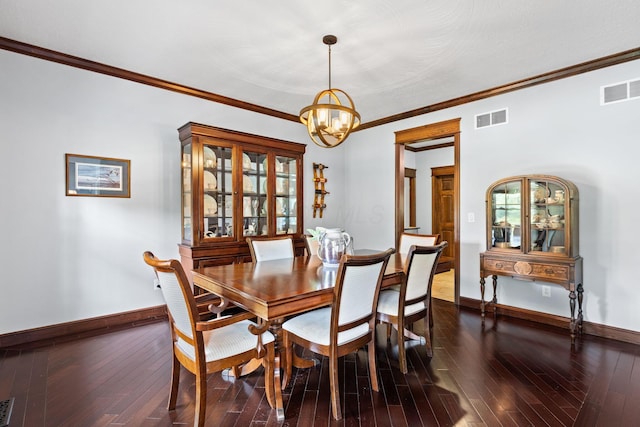15027 King Rd, Howard, OH 43028 - dining room with a chandelier, baseboards, dark wood-style flooring, and crown molding