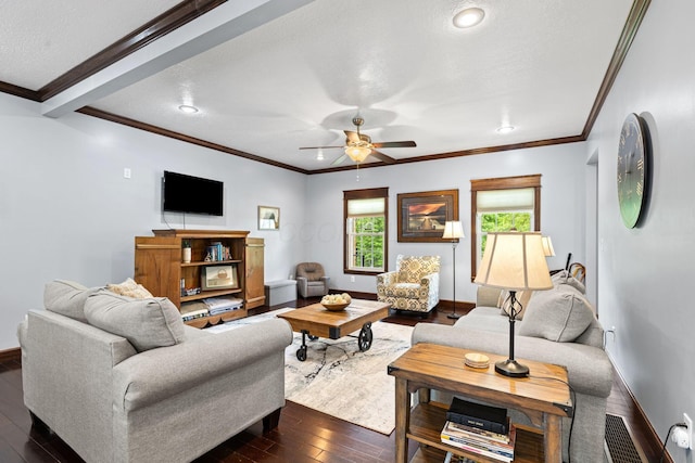 15027 King Rd, Howard, OH 43028 - living area featuring dark wood-style flooring, ceiling fan, baseboards, recessed lighting, and crown molding