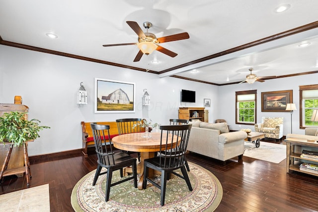 15027 King Rd, Howard, OH 43028 - dining area featuring a ceiling fan, recessed lighting, dark wood-style flooring, baseboards, and ornamental molding
