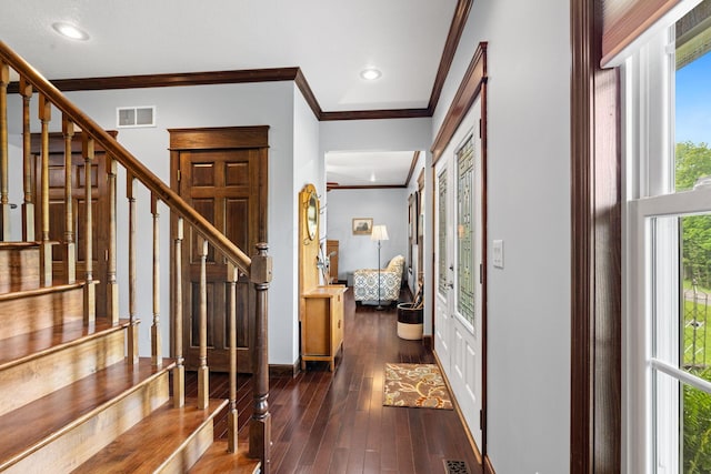 15027 King Rd, Howard, OH 43028 - entrance foyer with ornamental molding, stairway, hardwood / wood-style floors, recessed lighting, and baseboards