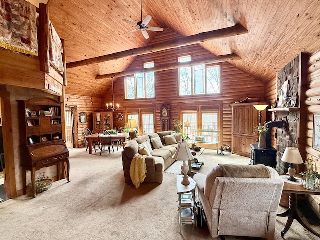 15626 Pleasant View Dr, Mount Vernon, OH 43050 - living area featuring wooden ceiling with exposed beams, log walls, high vaulted ceiling, light colored carpet, and healthy amount of natural light