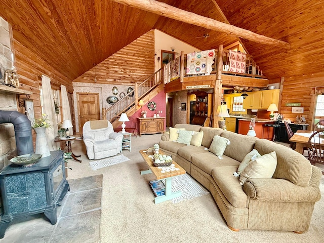 15626 Pleasant View Dr, Mount Vernon, OH 43050 - living room with wood ceiling, a wood stove, carpet floors, stairs, and high vaulted ceiling