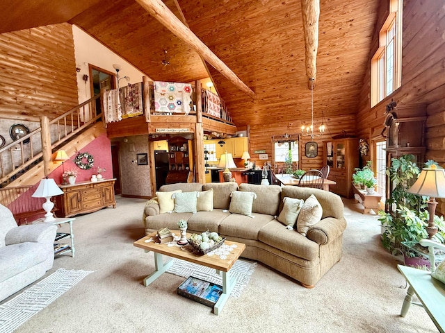 15626 Pleasant View Dr, Mount Vernon, OH 43050 - living room featuring high vaulted ceiling, wooden ceiling with exposed beams, a chandelier, carpet floors, and stairs