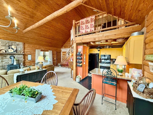 15626 Pleasant View Dr, Mount Vernon, OH 43050 - dining area featuring rustic walls, wood ceiling, a wood stove, high vaulted ceiling, and light carpet