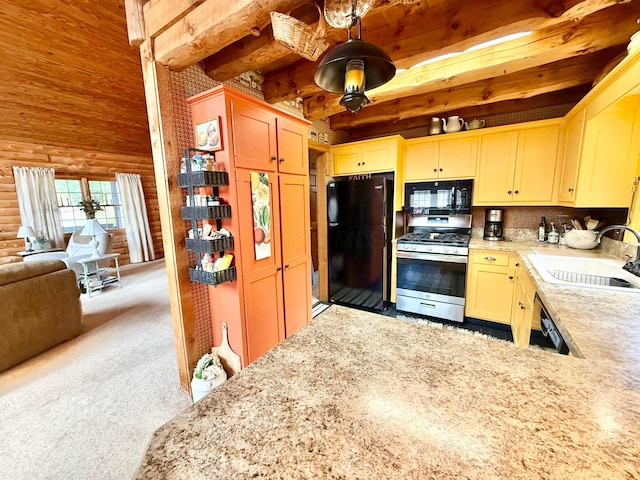 15626 Pleasant View Dr, Mount Vernon, OH 43050 - kitchen featuring black appliances, a sink, open floor plan, light carpet, and wood ceiling with exposed beams