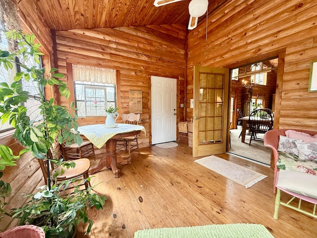 15626 Pleasant View Dr, Mount Vernon, OH 43050 - dining room with wooden ceiling, lofted ceiling, hardwood / wood-style flooring, and a ceiling fan