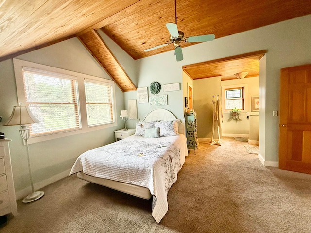 15626 Pleasant View Dr, Mount Vernon, OH 43050 - bedroom featuring wood ceiling, carpet floors, vaulted ceiling, baseboards, and ceiling fan