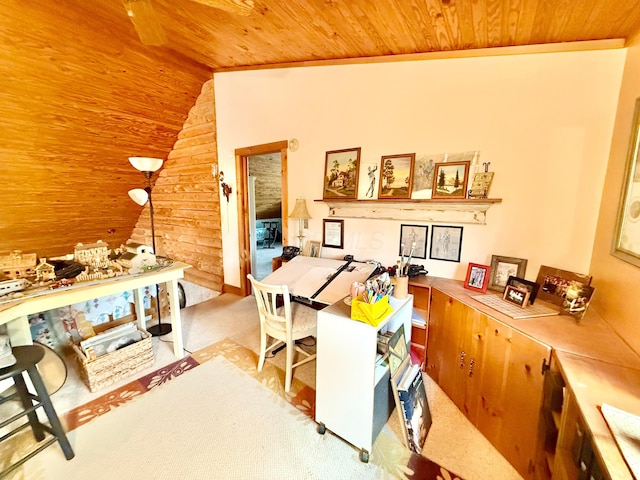15626 Pleasant View Dr, Mount Vernon, OH 43050 - home office with wooden ceiling, vaulted ceiling, and carpet floors