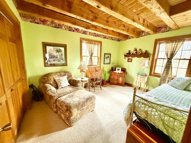 15626 Pleasant View Dr, Mount Vernon, OH 43050 - bedroom featuring wooden ceiling with exposed beams, multiple windows, and carpet flooring
