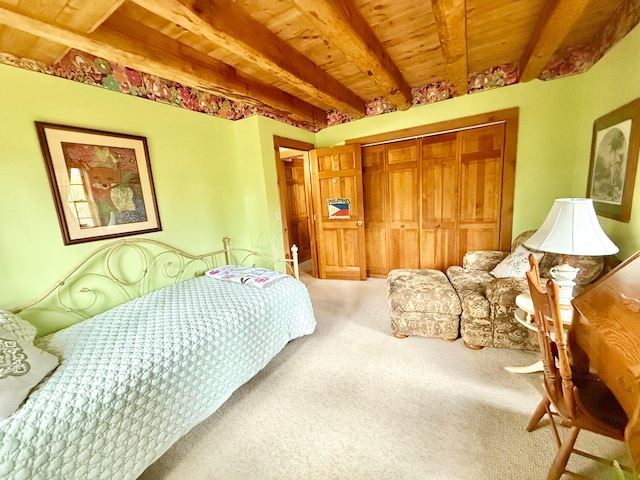 15626 Pleasant View Dr, Mount Vernon, OH 43050 - bedroom featuring wood ceiling with exposed beams, carpet flooring, and a closet