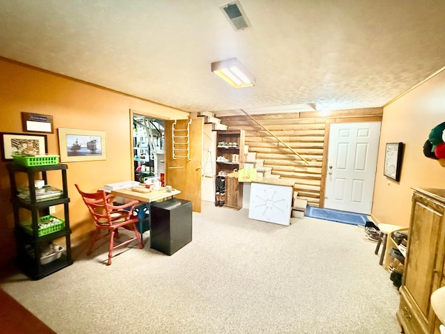 15626 Pleasant View Dr, Mount Vernon, OH 43050 - home office featuring carpet floors, log walls, and ornamental molding