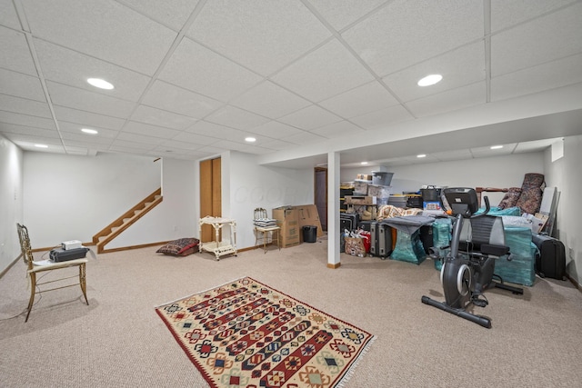 4129 Leitrim Ct, Dublin, OH 43016 - finished below grade area with carpet floors, recessed lighting, a paneled ceiling, stairway, and baseboards
