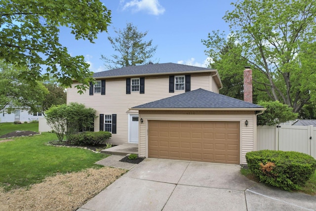 4230 Reed Rd, Columbus, OH 43220 - colonial-style house with concrete driveway, a garage, a shingled roof, and a chimney
