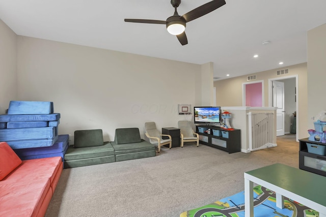 233 Dowler Dr, South Bloomfield, OH 43103 - game room featuring carpet floors, ceiling fan, and recessed lighting