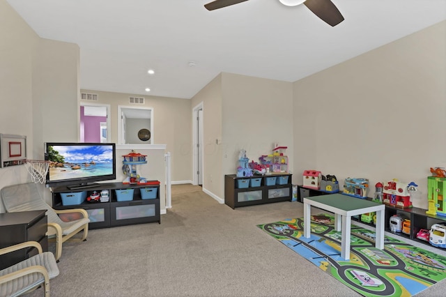 233 Dowler Dr, South Bloomfield, OH 43103 - recreation room with carpet, ceiling fan, baseboards, and recessed lighting