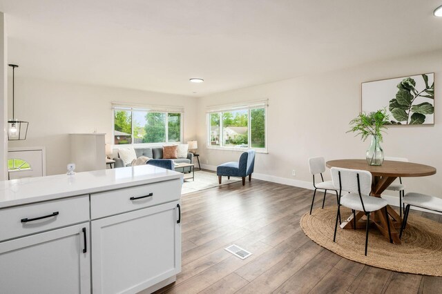 4795 Hafey Ave, Columbus, OH 43228 - kitchen featuring light countertops, baseboards, wood finished floors, white cabinets, and open floor plan