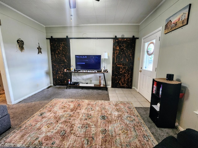 750 S 9th St, Cambridge, OH 43725 - carpeted foyer featuring a barn door and ornamental molding