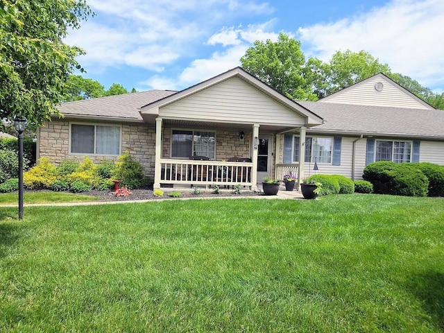 154 Pioneer Cir, Pickerington, OH 43147 - single story home featuring covered porch, stone siding, a front lawn, and a shingled roof