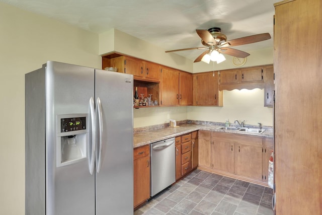 2320 Miller Paul Rd, Galena, OH 43021 - kitchen featuring appliances with stainless steel finishes, a sink, ceiling fan, light countertops, and open shelves