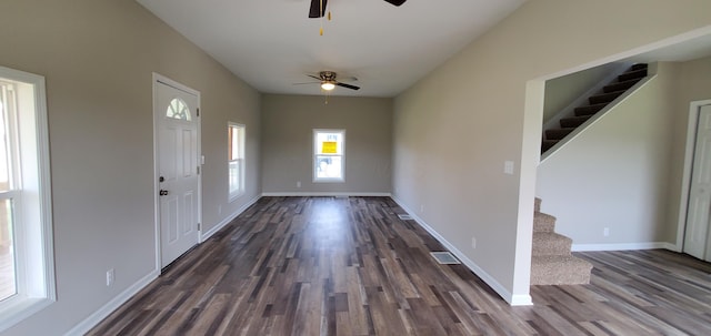 16 W Walnut St, Jeffersonville, OH 43128 - entrance foyer featuring stairway, ceiling fan, dark wood-style flooring, and baseboards