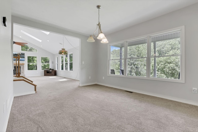 7485 Sugar Grove Rd SE, Sugar Grove, OH 43155 - spare room featuring a skylight, carpet, lofted ceiling, and baseboards