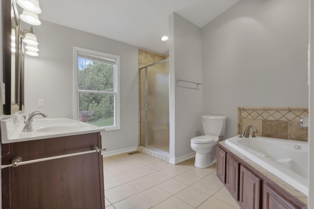 7485 Sugar Grove Rd SE, Sugar Grove, OH 43155 - bathroom featuring a shower stall, a garden tub, toilet, tile patterned flooring, and double vanity