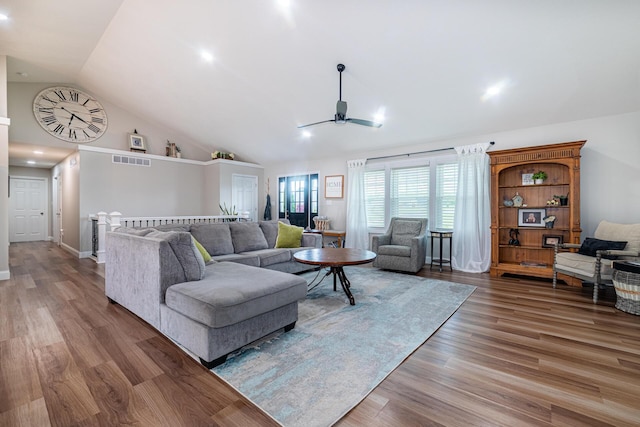 471 Quaker Trce, Marengo, OH 43334 - living area with vaulted ceiling, ceiling fan, wood finished floors, baseboards, and recessed lighting