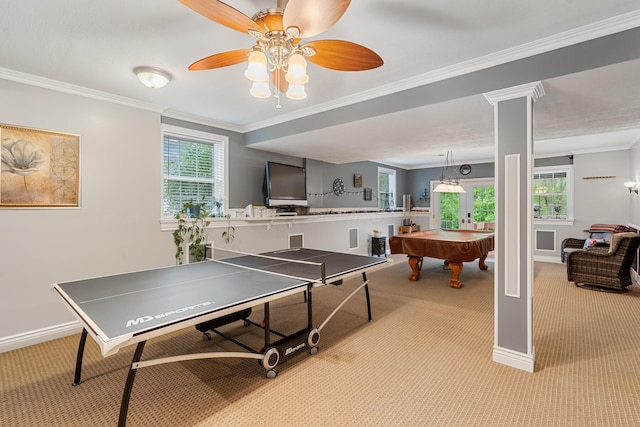 161 Calumet Ct, Ostrander, OH 43061 - playroom featuring light carpet, pool table, ornamental molding, plenty of natural light, and baseboards