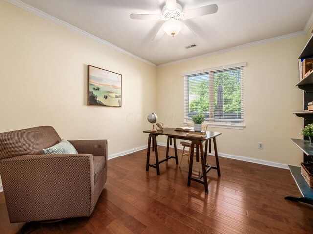 38 Ironclad Dr, Columbus, OH 43213 - home office with ornamental molding, baseboards, dark wood-style flooring, and a ceiling fan