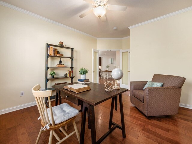 38 Ironclad Dr, Columbus, OH 43213 - office area featuring a ceiling fan, crown molding, wood finished floors, and baseboards