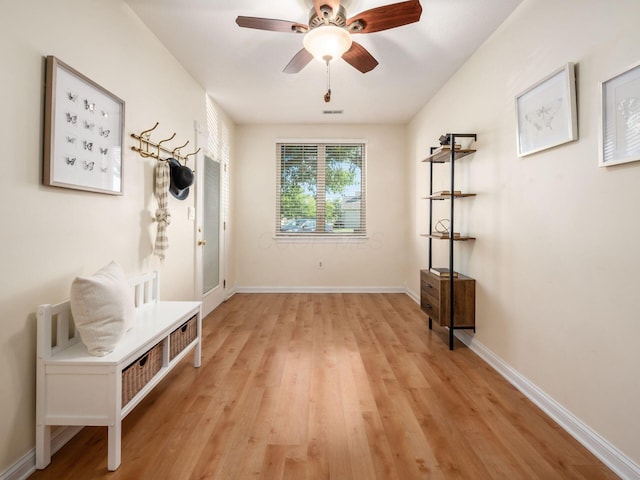 38 Ironclad Dr, Columbus, OH 43213 - mudroom featuring light wood-style flooring, ceiling fan, and baseboards