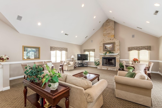 38 Ironclad Dr, Columbus, OH 43213 - carpeted living area featuring high vaulted ceiling, baseboards, recessed lighting, and a fireplace